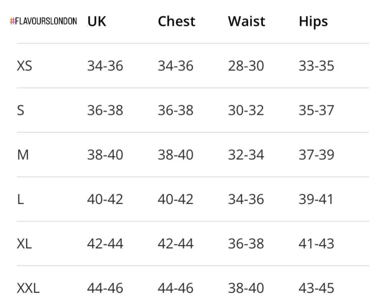 Flavours London Size Charts Men